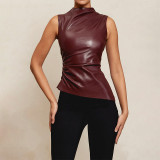 Women Pu-Leather Pile Collar Style Sleeveless Top
