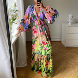 Women summer printed gradient ruffled v-neck sexy Maxi dress