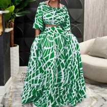 Spring Plus Size Women Chic Elegant Print Top and Long Skirt Two-piece Set