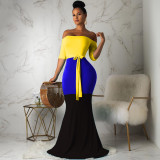 Women's Sexy Fashionable Off Shoulder Three-Color Patchwork Mermaid Maxi Dress