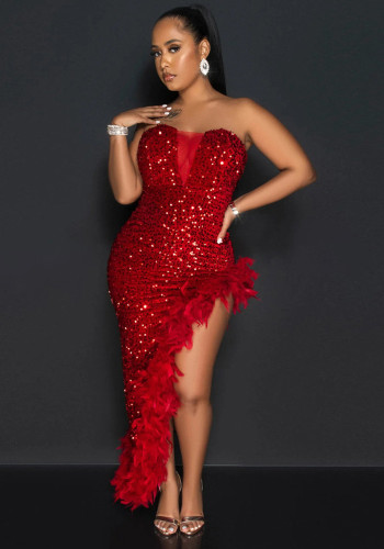 Sexy Strapless Solid Color Sequined High Slit Party Dress