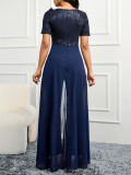 Summer Women's Clothing Short-Sleeved V-Neck Sequined Chiffon Slim Sexy Formal Party Jumpsuit