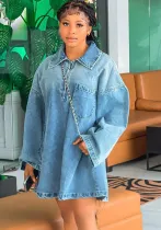 Spring Summer Women's Fashion Turndown Collar Loose Fashion Denim Dress