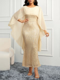 Women's Sequin Chiffon Shawl Style Slim Fit Bodycon Formal Party Dress