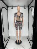 Women's See-Through Print Mesh Lace-Up Short-Sleeved Top Shorts Two-Piece Set