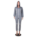Autumn Spring Women's Knee Ripped Zipper Hooded Two-Piece Pants Set