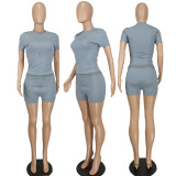 Women Sexy Solid Short Sleeve Top and Shorts Two-piece Set