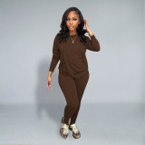 Women Casual Solid Long Sleeve Top and Pant Two-piece Set