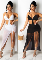 Women Sexy Suspender Crop Top and Slit Skirt Two-piece Set