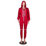 Autumn Spring Women's Knee Ripped Zipper Hooded Two-Piece Pants Set