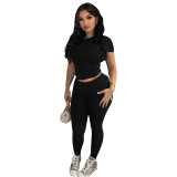 Women Sexy Solid Short Sleeve Top and Pant Two-piece Set