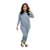 Women Casual Solid Long Sleeve Top and Pant Two-piece Set