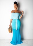 Women's Sexy Fashionable Off Shoulder Three-Color Patchwork Mermaid Maxi Dress