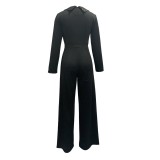 Women Elegant Printed Pocket Zip Long Sleeve Jumpsuit
