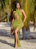 Women's Solid Color Sexy Halter Neck Hollow Metal Buckle Slit Long Dress
