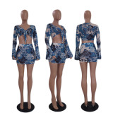 Women's Summer Long-Sleeved Crop Top Mesh Printed Skirt Two Piece Set