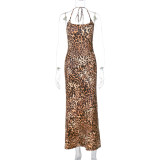 Women's Summer Fashion Print Sexy Low Back Strappy Leopard Dress