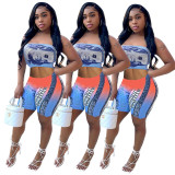 Women's Spring Casual Printed Strapless Two Piece Shorts Set