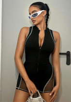 Women's Spring Summer Round Neck Zipper Sleeveless See-Through Mesh Patchwork Sexy Tight Fitting Jumpsuit