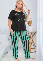 Spring Summer Women's Pajamas Plus Size Short Sleeve T-Shirt Striped Long Pants Home Clothes