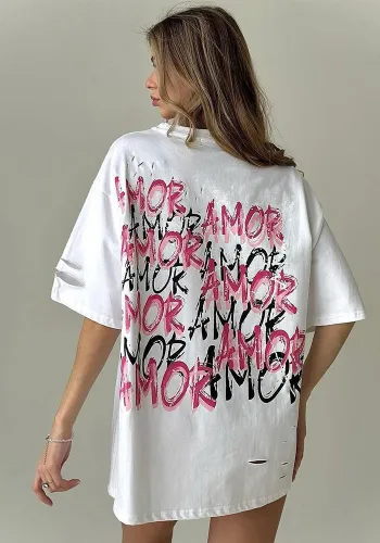 Ripped Letter Printed Round Neck Pullover Short-Sleeved T-Shirt Spring And Summer Outdoor Wear Fashionable Loose Top