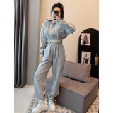 Women's Solid Zipper Hoodies Low-Rise Straight Loose Sports Pants Two Piece Set