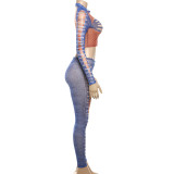 Spring Fashion Street Trendy Denim Digital Printed Mesh See-Through Two Piece Pants Set