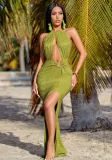 Women's Solid Color Sexy Halter Neck Hollow Metal Buckle Slit Long Dress