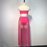 Women's Sexy Mesh Pleated Skirt Strapless Crop Top Three-Piece Set