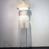 Women's Sexy Mesh Pleated Skirt Strapless Crop Top Three-Piece Set