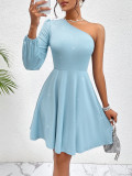 Summer Women's Solid Color One Shoulder Slim Waist A-Line Dress