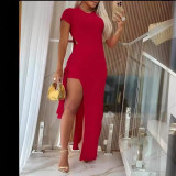 Spring Summer Solid Color Slim Sexy Slit Dress  Shorts Two Piece Set