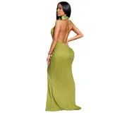 Women's Solid Color Sexy Halter Neck Hollow Metal Buckle Slit Long Dress