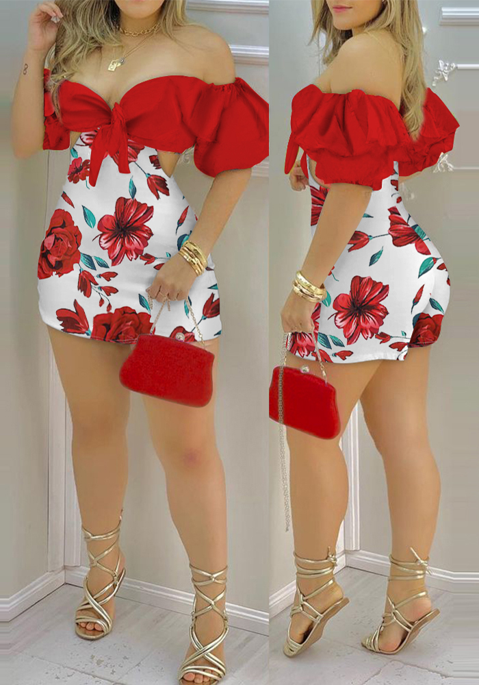 Summer New Women's Dress Sexy Low Back Ruffle Slit Slim Print