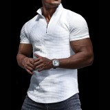 Men's Waffle Stand Collar Short Sleeve Solid Zipper T-Shirt Top