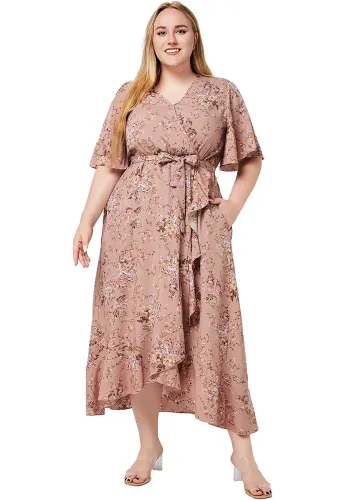 Plus Size Women Summer V Neck Short Sleeve Ruffle Print Pocket Dress