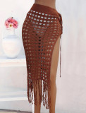 Women Sexy Hollow Lace Up Tassel Slit Beach Skirt