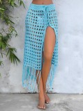 Women Sexy Hollow Lace Up Tassel Slit Beach Skirt