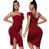 Women Sexy Solid One Shoulder Ruffle Dress