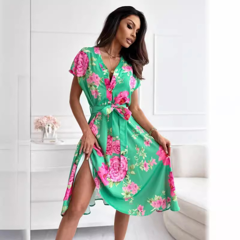 Summer New Women's Dress Sexy Low Back Ruffle Slit Slim Print