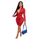 Women Solid Ripped Zipper Sexy Jumpsuit