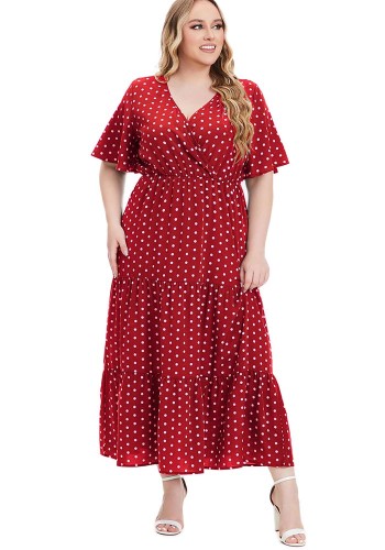Plus Size Women Summer V Neck Polka Dot Short Sleeve Dress