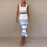 Women Contrast Color Striped Tank Top and Skirt Two-piece Set