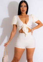 Women Sports Casual Lace Top And Shorts Two Piece Set