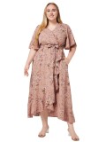 Plus Size Women Summer V Neck Short Sleeve Ruffle Print Pocket Dress