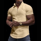 Men's Waffle Stand Collar Short Sleeve Solid Zipper T-Shirt Top
