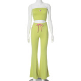 Women embroidered Strapless Top and high-waisted Casual trousers two-piece set