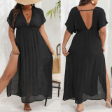 Plus Size Women Beach Slit V Neck Backless Maxi Dress