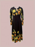 Spring Printed V-Neck Retro Floral Loose Long-Sleeved Long Dress