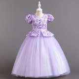 Children's Plaid Patchwork Puff Sleeve Princess Dress